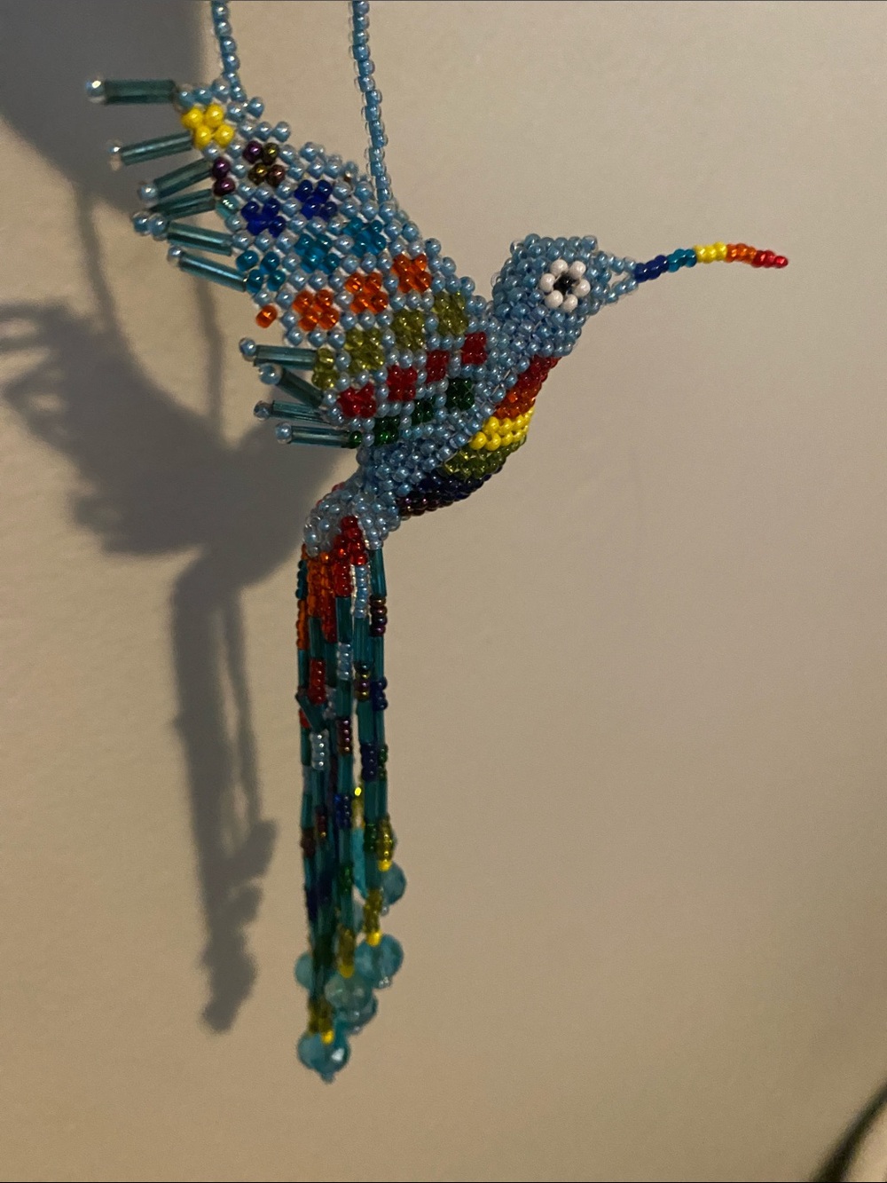 Beaded Hummingbird Ornament in Light Blue and Multicolor
